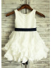 Ivory Taffeta Ruffle Flower Girl Dress With Navy Blue Sash